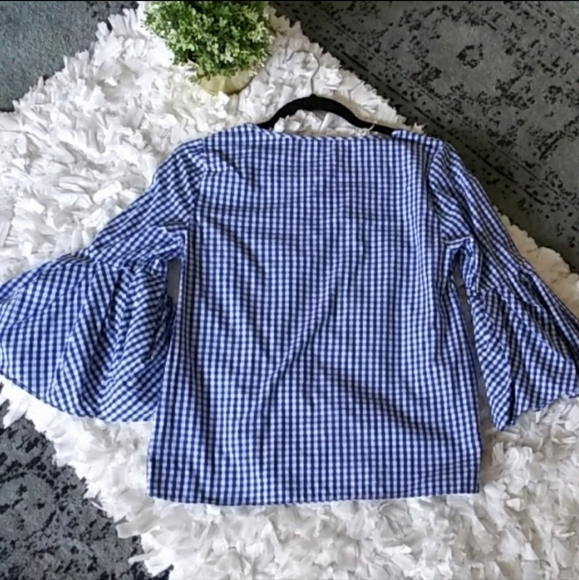Jane and Delancey White Blue Gingham Bell Sleeve Top Women's Small S 100% Cotton - Picture 2 of 6